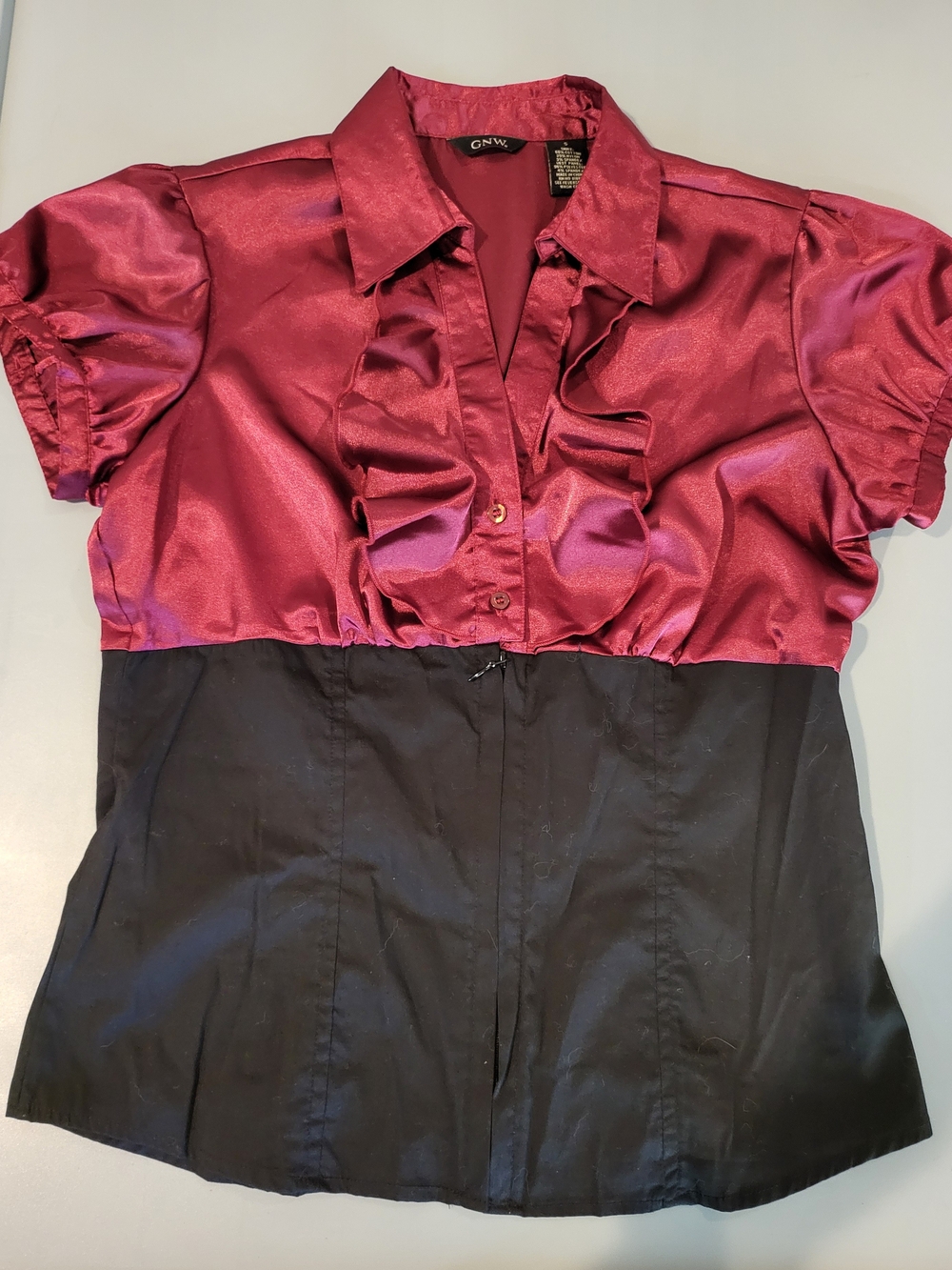 GNW Two-Tone Satin Ruffle Blouse in Burgundy and Black